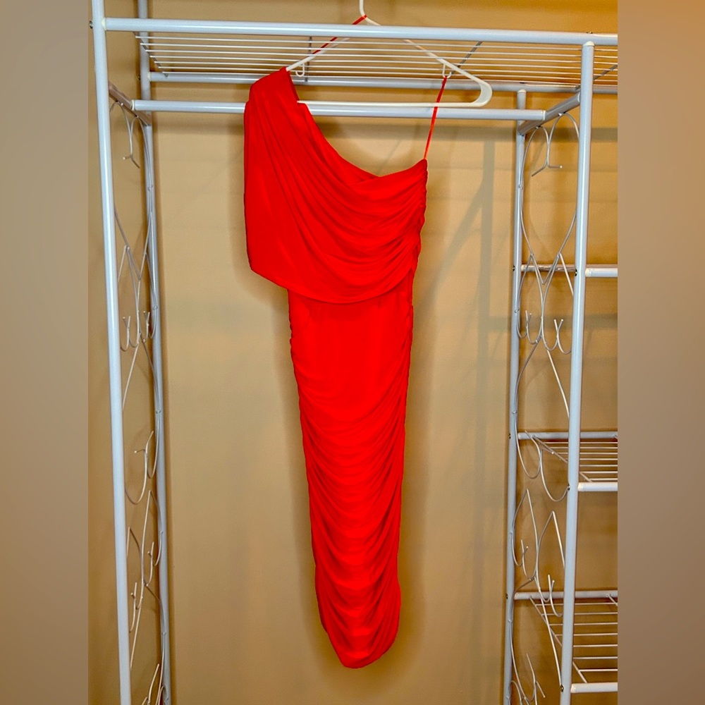 Size 2 One-shoulder Body-con Orange Midi Dress.